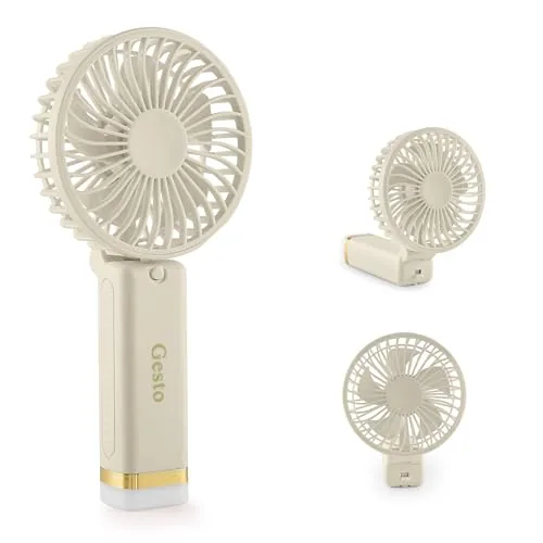 Gesto Portable Fan Rechargeable with LED Light – Foldable Mini Fan, Small Fan,USB Charging Hand Fan with 1200mAh Battery & 3 Speed Modes | Travel, Makeup, Kitchen,Women’s Personal Pankhaa - White