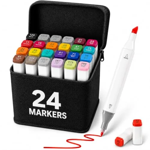 Corslet Dual Tip Colorful Art Markers 24 Colors Sketch Pens With Carry Bag For Painting Sketching Calligraphy Drawing,Chisel & Fine Tip Water Based Colouring Marker For Kids & Adult,Multicolors