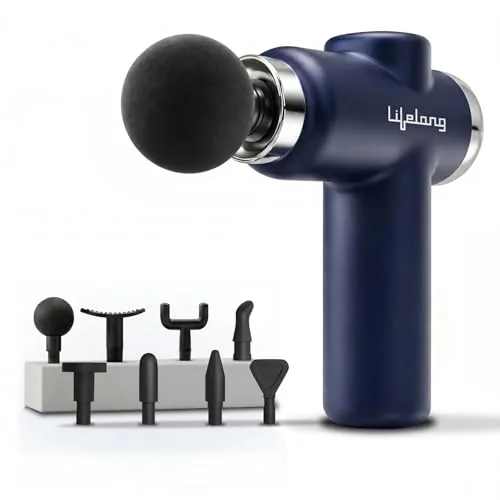 Lifelong Gun Massager for Pain Relief – 8 Massage Heads, 6 Speed Modes, Rechargeable, Quiet 20W Motor, Lightweight & Portable Deep Tissue Massager for Back, Neck, Legs & Travel Use