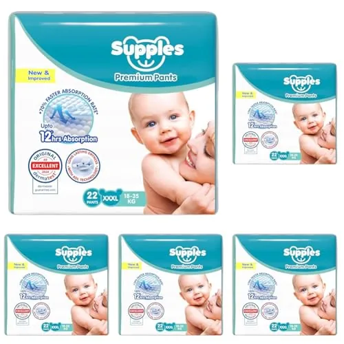 Amazon Brand - Supples Premium Baby Diaper Pants | 22 Baby Diapers | XXXL | 18-55 Kg | 12 Hrs Absorption | Cushiony Cotton Soft Fabric | Phthalates-Free | Triple Leak Guard (Pack of 5)