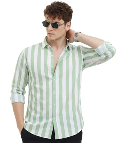 U TURN Casual Printed Striped Latest Shirt for Men Plus Size Shirt for Men (LightGreen; Large)