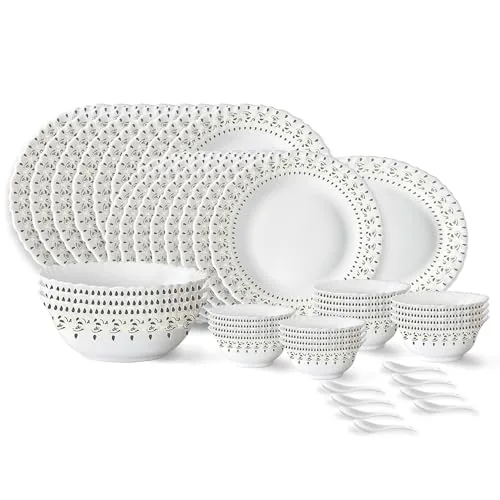 Larah by Borosil Ora Gold Fluted Series Opalware Dinner Set | 44 Pieces for Family of 8 | Microwave & Dishwasher Safe | Bone-Ash Free | Crockery Set for Dining & Gifting | Plates & Bowls | White