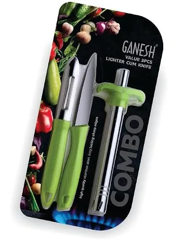 Ganesh Stainless Steel Gas Lighter with Knife & Peeler for Kitchen Use Restaurants Metal Gas Stove Lighter Regular Size Easy Grip, 3-Piece, Colour May Vary Colour