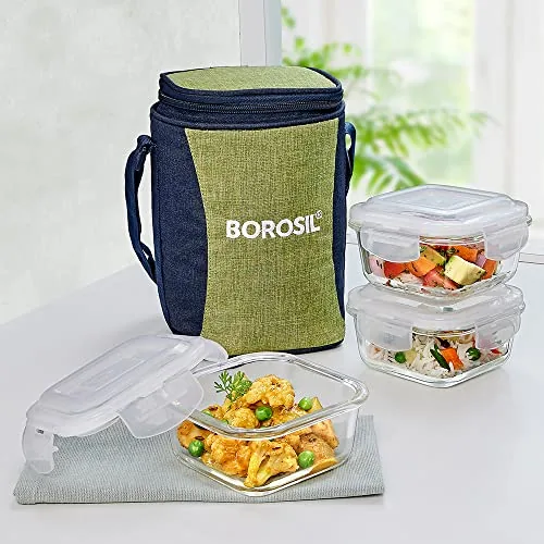 Borosil Borosilicate Glass Lunch Box with Bag (Ace, 320ml x 3)