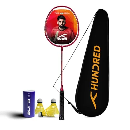 Hundred Powertek 200 Aluminium Badminton Racket with Full Cover & 3 Aura Nylon Shuttlecocks, Lightweight Shuttle Bat for Match Play