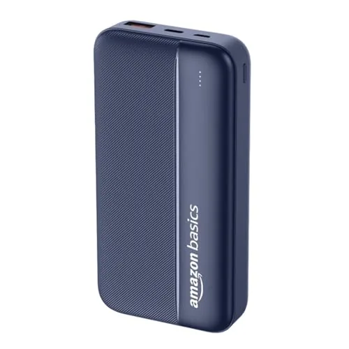 Amazon Basics 20000 mAh Power Bank | 22.5W Fast Charging | Dual Output & Input | Charge 3 Devices Simultaneously | for Smartphones, TWS Earbuds, Speakers, Tablets (Dark Blue), Micro USB Input