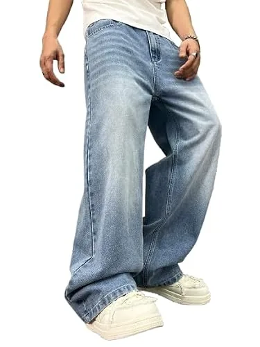 Lymio Jeans for Men | Loose Fit Baggy Denim Pants | Mens Stylish Light Blue Wide Leg Vintage Washed Trousers | Casual Button Front Classic Pocket Styling Comfortable Streetwear Pant (LU-76-32)