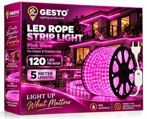Gesto 5 Meter Pink LED Rope Strip Light | 120 LEDs/Mtr | Cuttable Every 1M | IP65 Waterproof Indoor & Outdoor Lights for Balcony, Home Decor & Cove Light for False Ceiling, Diwali Decoration