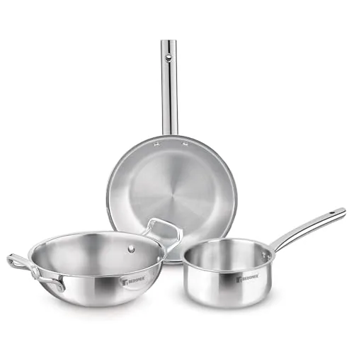 Bergner TriPro 3 Pcs Tri-Ply Stainless Steel Induction Bottom Cookware Set - 22cm (2L) Kadai and 22cm (1L) Frypan, 14cm (1.1L) Teapan, Less Oil Use, Easy to Clean - Induction and Gas Stove Ready