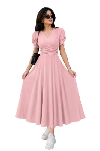 Preneum Girl's & Women's Solid Color V-Neck A-Line Maxi Dress for Women | New Year Party Outfit | Waist Cinched Puff Sleeve Western | Elegant Casual Wear (Availble in Plus Size) Baby Pink