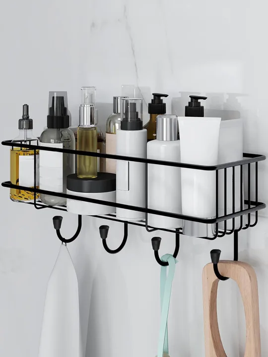 Story@home Black Metal Self Adhesive Bathroom Organiser Rack with Drill Screws