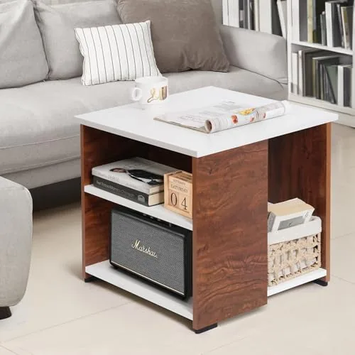 ABOUT SPACE Coffee Table - Wooden Center Table with Storage, Teapoy Table for Living Room, Engineered Wood End Table | Side Table for Hall Lounge Office Home - Oak Red & White (L 50 x B 50 x H 51 cm)