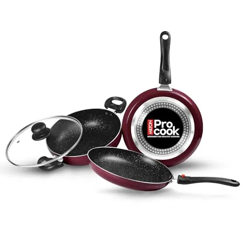 Milton Pro Cook Induction Cookware & Gas Stove Friendly Kitchen Jewel Set | 3 Pc Non-Stick Cookware Set | Kadhai with Lid, Fry Pan, Tawa | Durable 5-Layer Non Stick Coating | Peach
