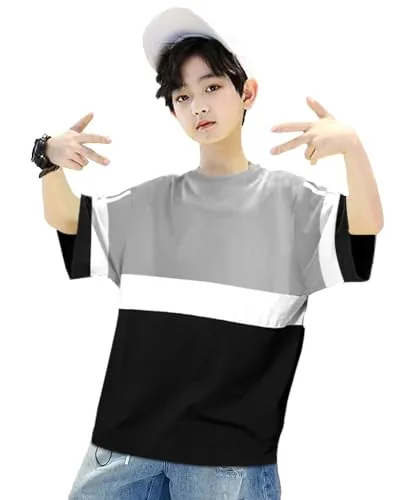 EYEBOGLER Boy's Trendy Round Neck Half Sleeves Loose FIT Colorblocked T-Shirt Grey