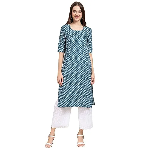 Pinkmint Women's Crepe Turqouise Color Floral Printed Straight Kurti (530351-XL)