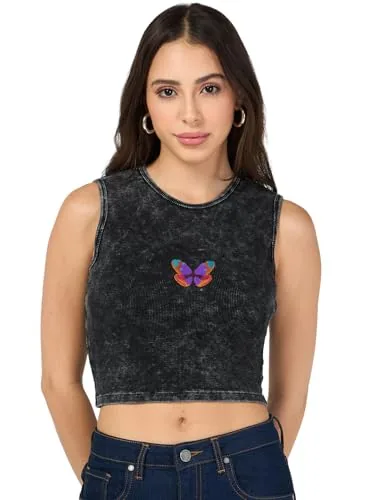 Bewakoof Women's Embroidered Slim Fit Sleeveless Round Neck Pure Cotton Short Top_684704_Black_S