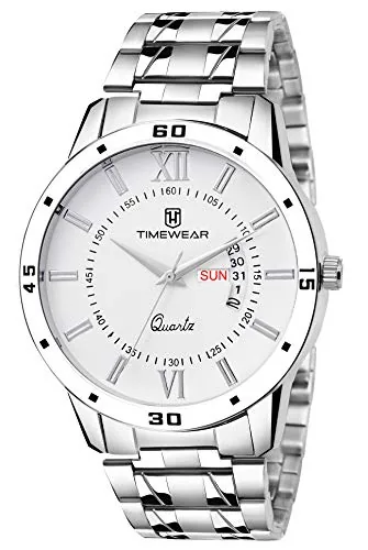 TIMEWEAR Formal Day Date Stainless Steel Watch Collection For Men Analogue Men's Watch(White Dial & Silver Colored Strap)-221Wdtg