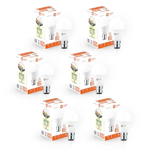 Orient Electric 12W High Glow LED bulb| 180-degree wide beam angle| Voltage surge protection up to 4 kV| 6500K, Cool White| B22d base| Made in India| Pack of 6