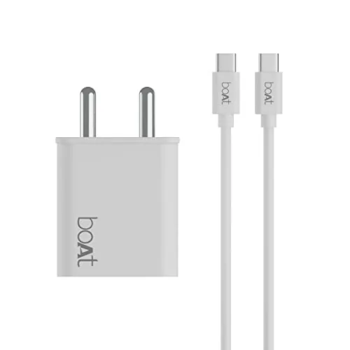 boAt WCDV 22.5W Dual Port Fast Charger, Overheat/Overcharge Protection, Auto Detection for Samsung, Xiaomi & Android Users with Type C to Type C Cable (White)