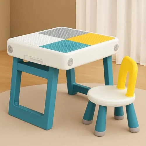 Little Olive Kids Activity Table and Chair Set with Easel Drawing Board | Multifunction Plastic Study Desk for Toddlers | Sturdy Design with Smart Storage for Learning and Creative Play Teal Blue