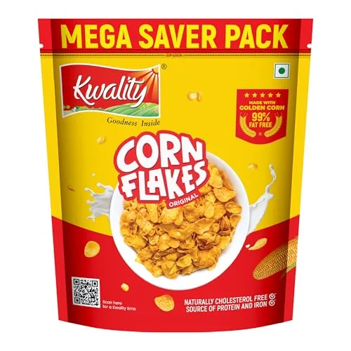 Kwality Corn Flakes 800g | Made with Golden Corns | 99% Fat Free, Natural Source of Vitamin & Iron | High in Protein & Fiber | Healthy Breakfast Cereal