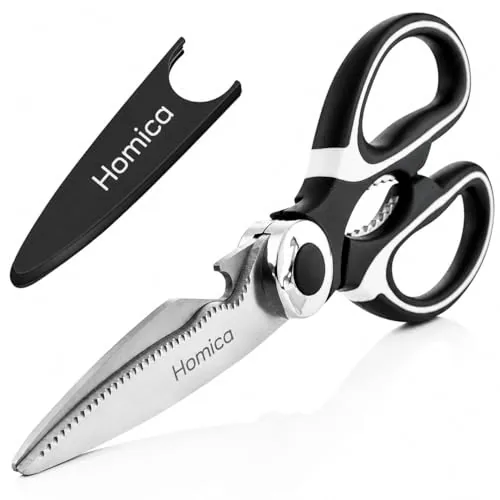 Homica Multi Purpose Heigh Quality Kitchen Scissors | Premium Stainless Steel Food Shears for Meat, Chicken, Fish, Seafood, Vegetables & Herbs | Heavy Duty Kitchen Shears with Bottle Opener | Black