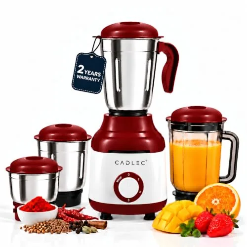CADLEC MixCraft 750W Mixer Grinder with 4 Jars | Multi-Purpose Mixer, Blender & Juicer | Powerful Motor for Grinding, Blending & Juicing | Durable ABS Body | 2-Year Warranty, Maroon