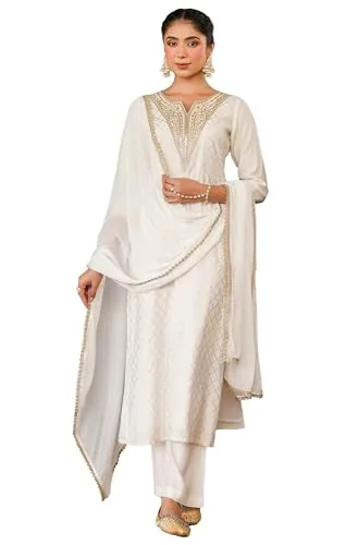 Janasya Women's Off White Chanderi Silk Gold Zari Yoke Embroidered Straight Kurta Set(JAB25ST02849-M)