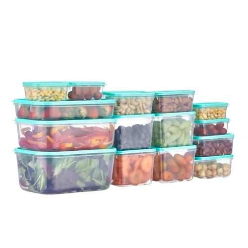 Amazon Brand - Solimo Plastic Container Set with Airtight Lids | BPA-Free | Microwave & Dishwasher Safe | Kitchen Storage Containers | Set of 15