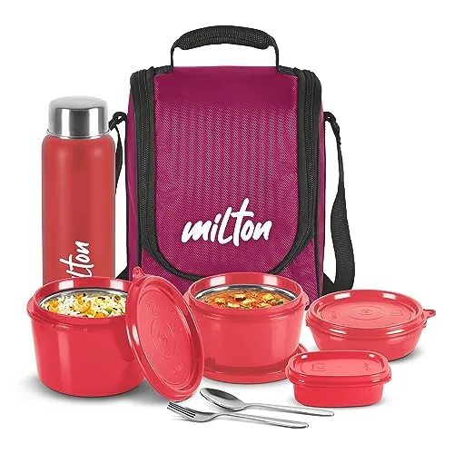 MILTON Pro Lunch Box with Steel Cutlery, 3 Microwave Safe Inner Steel Containers (180 ml, 320 ml, 450 ml), Plastic Chutney Dabba,100 ml, Bottle, 750 ml with Insulated Bag, Office Tiffin, Maroon