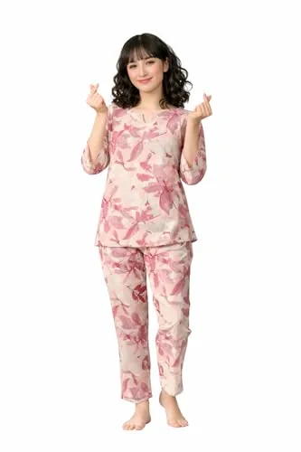 Ichaa Women Cotton Printed Night Wear Top and Bottom Night Suit Set, Multicolour, Small