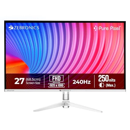 Zebronics 27 Inch FHD Gaming Monitor, 240Hz Refresh Rate, 1ms MPRT, Anti-Glare Display, 250 Nits, 16.7M Colors, Built-in Speakers, HDMI, DP, Bezel-Less Design, Speakers, Wall Mountable (EA27)