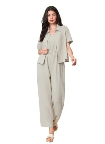 TOPLOT Women's Jumpsuit Co-ord Set | Soft Breathable Feel | Comfortable Fit with Easy Movement | Stylish One-Piece Outfit Design | Perfect for Casual & Travel (Jump-Suit-5225-Cream-M)