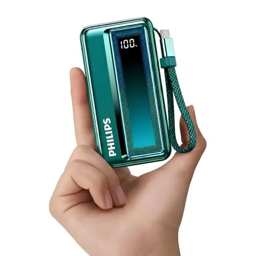 Philips 10000mAh 30W Max Fast Charging Power Bank (Chrystal Teal) with Built-in Cable | Type-C Input/Output | 3 Output Ports | Lithium Polymer | Portable for Mobile, Tablet & Earbuds