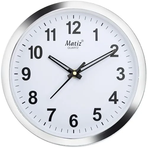 Matiz 101 Round Wall Clock Silver Color Plastic Case White Dial Analog for Living Room Home Decorations Office (Size: 20 x 20 CM)