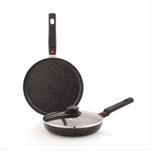 Amazon Brand - Solimo Aluminium 2 Piece Non-Stick Cookware Set with Detachable Handle | Granite Finish | Induction Base | PFOA Free | High Temperature Resistant Exterior Coating | Black