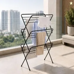 Foldable Alloy Steel Cloth Drying Stand for Balcony|3-Tier Heavy Duty Laundry Rack for Indoor & Outdoor|Portable Standing Clothes Dryer with Anti-Slip