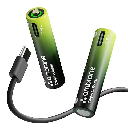 Ambrane AAA Type C Rechargeable Batteries, Pack of 2, 740mAh Lithium Ion Battery, Charge with Any Type C Cable & Adapter, No Separate Charger Required, Save Environment & Money (Reneo, Green)