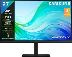 Samsung ViewFinity S6 68.4 cm (27 inch) Quad HD LED Backlit IPS Panel 300nits, 2K Monitor, Ports-HDMIX2,DP,Headphone, Height-Tilt-Pivot Adjustable Sta