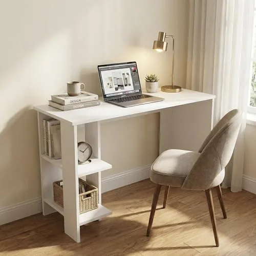 Andca Breeze Minimalist Study Table with 2-Tier Side Shelves, Modern White Computer Desk for Home Office & Students, 100x50x77cm (Arctic White)