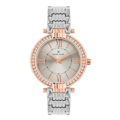 Daniel Klein Analog Silver Round Dial Silver Metal Strap Stone-Studded Water-Resistant Wrist Watch for Women Girls, Ladies DK11138-8