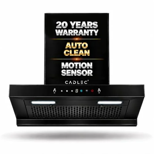 CADLEC PeakFlow 60cm T-Shape Kitchen Chimney | 1400 m³/hr High Suction, Filterless Auto Clean, Touch & Gesture Control, Oil Collector | 20Y Motor & 5Y Comprehensive Warranty | Black