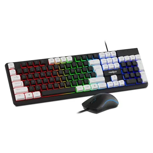 Frontech Quantum Striker Gaming Combo, Rainbow Backlit Keyboard with Optical Mouse, 2400 DPI Adjustable, 4 Button Mouse, USB Plug & Play, 104 Keys, 1 Year Warranty (KB-0050BLK)