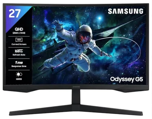 Samsung 27" (68.5cm) Odyssey G5 2K Curved Gaming Monitor|QHD 2560 X 1440|1000R Curved|165Hz|1ms(MPRT)|300nits|Ports-HDMI,DP,Headphone|DP Cable|HDR10|FreeSync|LS27CG550EWXXL|Black