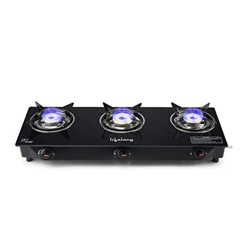 Lifelong LLGS930 Manual Ignition, High Efficiency 3 Burner Gas Stove with Toughened Glass Top, ISI Certified, For LPG Use (1 Year Warranty, Doorstep Service, Black)