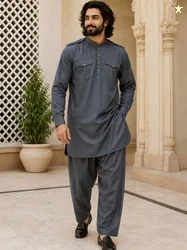 House of Pataudi Solid Pathani Style Kurta Set