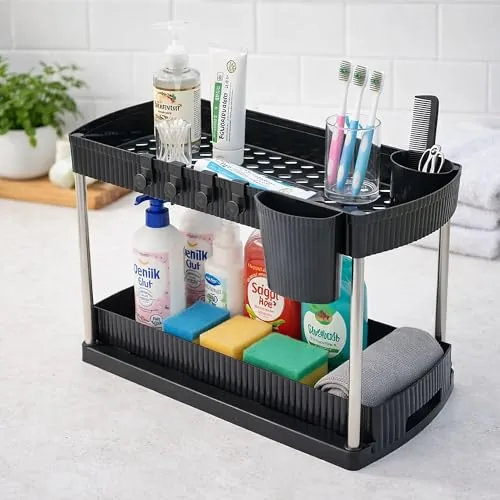 HomeWiz Sink Organizer 2-Tier | Under Sink Storage Organizer | Kitchen Cabinet Organiser | Multipurpose For Kitchen & Bathroom | Plastic & Steel Frame | Space-Saving Storage Rack | 44x32x22 cm | Black