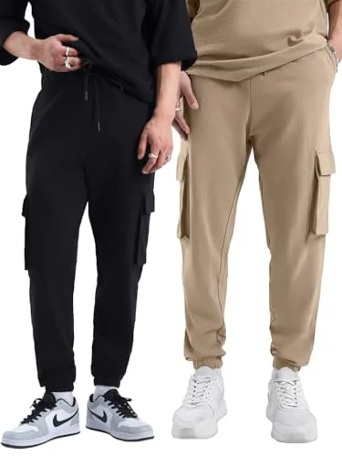 Bewakoof Air 1.0 Men's Solid Oversized Fit Terry Cargo Joggers(Pack of 2)_A4-552880-552891_Black & Brown_L