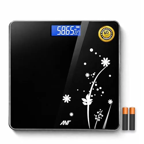 ANT Flora Bud Digital Body Weight Weighing Scale, 180kg Capacity, 50g Accuracy, 5mm Tempered Glass, High Precision Strain Sensor, LCD Display, Auto On/Off, 2 AAA Batteries Included, 40M Warranty