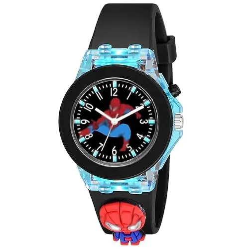 Acnos Kids Analog Wrist Watch for Boys, Round Dial, Black Silicone Strap, Blue Transparent Case, Action Theme Design